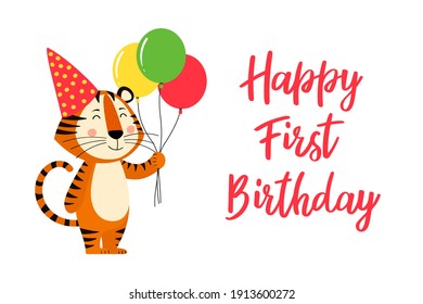 A cozy greeting card template with a cute tiger, the symbol of the year 2022 according to the Chinese calendar. Handwritten text of "Happy first Birthday". Vector stock illustration.