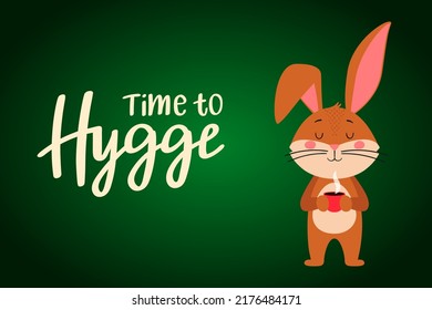 A cozy greeting card template with a cute tiger, the symbol of the year 2022 according to the Chinese calendar. Handwritten text "Time for Hygge". Vector stock illustration.