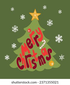 Cozy groovy Christmas typographic composition with christmas tree and snowflakes. Hand drawn hippie style text Merry Christmas in holiday tree shape. Perfect for trend holiday print design, poster