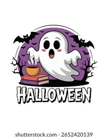 Cozy Halloween Ghost Vector. Cute Spirit with Books And Coffee for T-Shirts, Bookmarks And Digital Prints. Spooky Reading Vibes