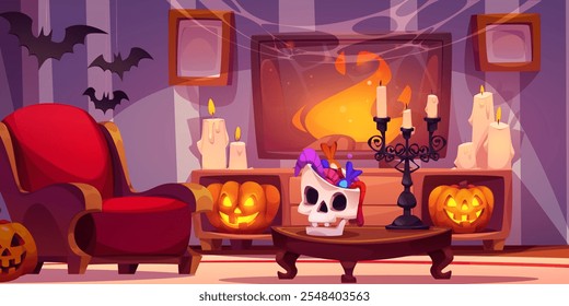 Interior acogedor de la habitación de Halloween con sillón rojo, gato iluminado de linternas, olla en forma de calavera con golosinas en la mesa antigua, velas encendidas. Video Chimenea en la pantalla del televisor, murciélagos oscuros y Señalar de Web arriba