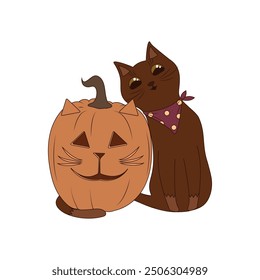 Cozy Halloween scene cat and pumpkin lantern