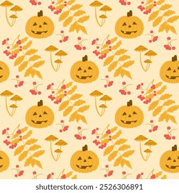 Cozy Halloween seamless pattern with jack o lantern. Pumpkin, autumn leaves and fungus. Cute print design for Halloween on white background