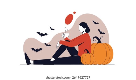 Cozy halloween season celebration with pumpkins and flying bats enjoying a warm beverage during autumn evening