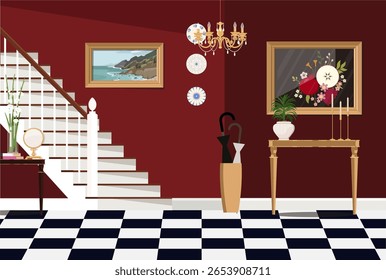 Cozy hallway in burgundy color. Burgundy room