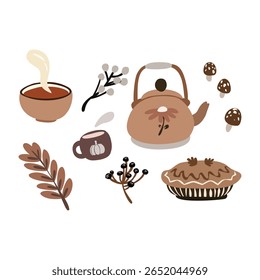 Cozy Hand Drawn Autumn Clipart Set, Tea and Pie Flat Illustration