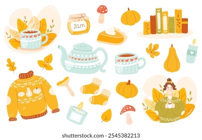 Cozy hand drawn autumn set of vector elements - pumpkins, leaves, mushrooms, sweater, candles, girl holding cup of tea, pumpkin pie, books, mug, tea pot, jam jar. Isolated on white background