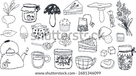 Cozy Hand Drawn Autumn Set with Tea, Mushrooms and Sweets