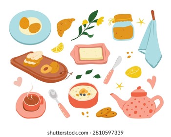 Cozy hand drawn breakfast and tea set with eggs, croissant, honey, butter, lemon, porridge, cookies, teapot and kitchen towel isolated on white.