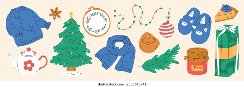 Cozy hand drawn flat set of Christmas and New Year. Christmas tree, gift, scarf, slippers, jam, fir branch. Decorative holiday elements. Flat. Vector Stock Illustration