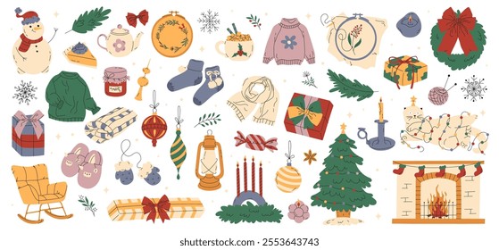 Cozy hand drawn flat set of Christmas and New Year. Traditional winter elements and decorations Christmas tree, wreath, candles, clothes and other. Holiday icons for card, stickers, print