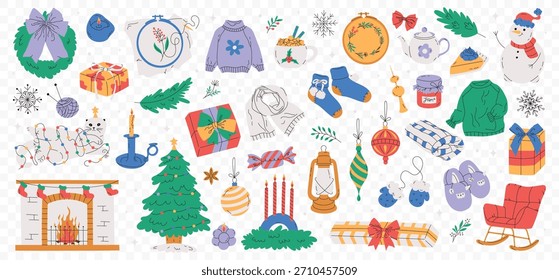 Cozy hand drawn flat set of Christmas and New Year. Traditional winter elements and decorations Christmas tree, wreath, candles, clothes and other. Holiday icons for card, stickers, print