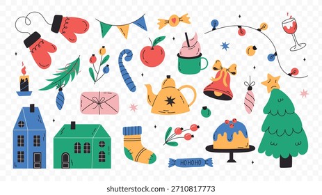 Mão aconchegante desenhado conjunto plano de Natal e Ano Novo. Elementos de inverno tradicionais e decorações Árvore de Natal, grinalda, velas, roupas e outros. Ícones de feriado para cartão, adesivos, impressão