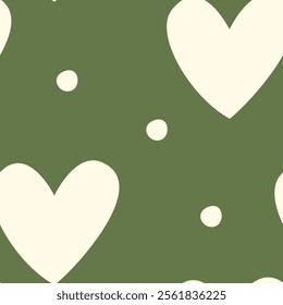 Cozy Hand Drawn Heart Shape on Green Background Seamless Pattern 