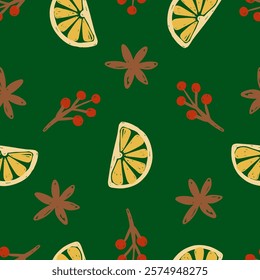 Cozy hand drawn pattern lemon slices and red berries on a leafy green backdrop. vector illustration