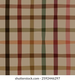 Cozy hand drawn plaid pattern with uneven vertical and horizontal lines in earthy tones on a subtle beige backdrop