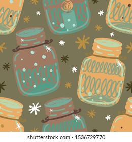 Cozy hand drawn seamless vector pattern with festive mason jar candle and snowflakes. Winter holiday texture. Christmas textile, wrapping paper, scrapbooking or background design.
