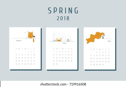 Cozy hand drawn spring calendar 2018. Cute vector illustrations.