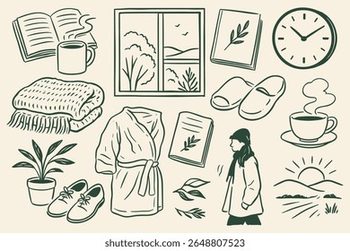 Cozy hand drawn vector illustration of indoor lifestyle relaxing elements design drawing for