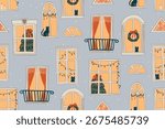 Cozy hand drawn vector seamless pattern with christmas windows, cats, garlands and wreaths in doodle style. Trendy holiday background for wrapping paper, textiles and greeting cards