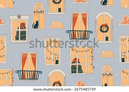 Cozy hand drawn vector seamless pattern with christmas windows, cats, garlands and wreaths in doodle style. Trendy holiday background for wrapping paper, textiles and greeting cards