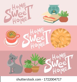 Cozy hand drawn vector set of elements. Home sweet home banners.