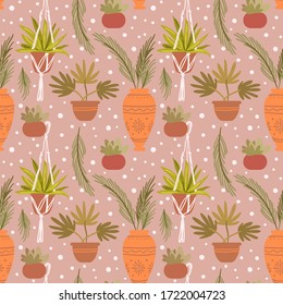 Cozy hand drawn vector set of elements. Home sweet home. Home plants seamless pattern.