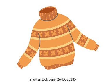 Cozy, hand knit sweater with a high collar and floral patterns, perfect for autumn or winter themed designs. Vector illustration