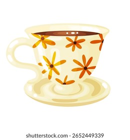 A cozy hand-drawn doodle illustration of a white teacup decorated with charming orange flower patterns, sitting on a matching saucer. This inviting digital artwork is perfect for themes of relaxation,