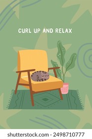 Cozy hand-drawn poster featuring a joyful cat relaxing in chair. Self-care and comfort in a homey setting.