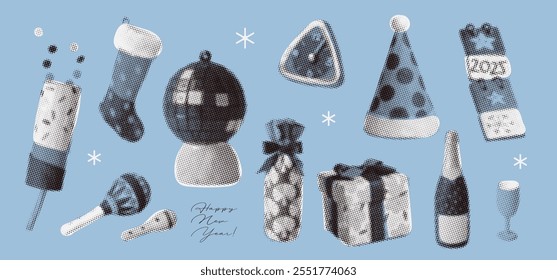 Cozy Happy New Year set with trendy halftone elements for collages design, retro banners and vintage posters. Vector illustration.