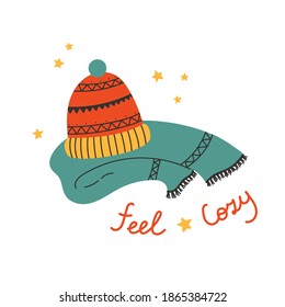 Cozy hat with a scarf.Cozy poster with stars and lettering.Template for greeting, congratulations, invitations, stickers, vector icon, flat illustration. 
