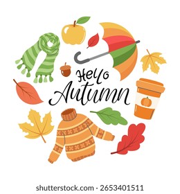 A cozy hello autumn frame with a warm elements like a scarf, sweater, coffee cup, umbrella, and colorful leaves, perfect for seasonal designs. Vector illustration