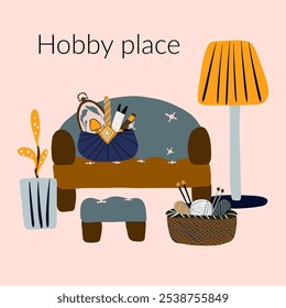 Cozy hobby place with sofa, lamp, chair and plant. Hand drawn vector artwork about needlework on the pink background. Baskets with embroidery and knitting tools. Creative elements for handmade design.