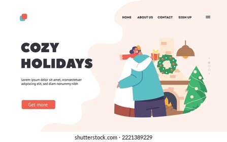 Cozy Holidays Landing Page Template. Happy Man And Woman Hug and Exchange Festive Presents for Christmas. Smiling Couple Celebrating Holiday in Room with Xmas Fire Place. People Vector Illustration