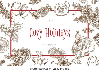 Férias acolhedoras, desejos calorosos. Design de banner de esboço gravado em vetor. Copo de vinho ruminado com especiarias e frutas. Laranja desenhado à mão, bagas de visco, pinha e galho. Bebida quente de Natal e inverno