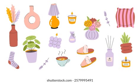 Cozy Home Accessories Collection. Vector Illustration of plants, candles, pillow and slippers. 