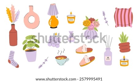 Cozy Home Accessories Collection. Vector Illustration of plants, candles, pillow and slippers. 
