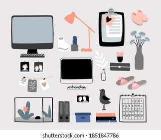 Cozy home accessories kit. Fluffy slippers, stationery, calendar lamp. Doodle computer monitor, lamp and cat vector set