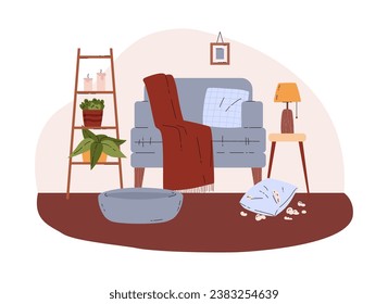 Cozy home, apartment. Nice interior with sofa, shelf, potted plants. Damaged pillow on the floor. Bad surprise awaits the owner in living room from pets. Cartoon vector illustration isolated