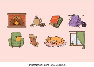 Cozy home atmosphere and mood concept. Set of interior armchair fire book tasty tea with cookies knitting red cat and clean window over pink background 