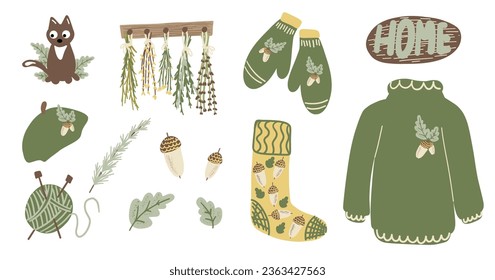 Cozy home autumn collection. Aesthetic cottagecore set with cute sweater, socks, beret hat, mittens, acorn, oak leaf, wool yarn, cat, hanging herbal flowers. Drawing vector isolated illustration