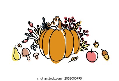 Cozy home autumn still life with pumpkin, leaves and branches of berries in the style of lines and colored spots. Decorative elements for the design of postcards, invitations and more. Vector