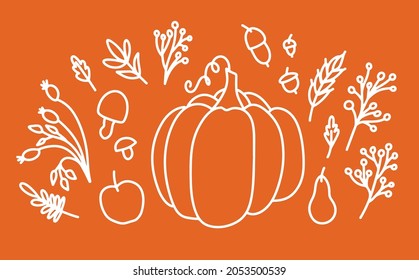 Cozy home autumn still life with pumpkin, leaves and branches of berries in the style of lines and colored spots. Decorative elements for the design of postcards, invitations and more. Vector