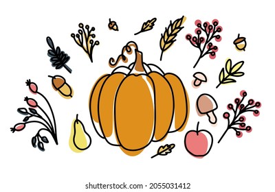Cozy home autumn still life with pumpkin, leaves and branches of berries in the style of lines and colored spots. Decorative elements for the design of postcards, invitations and more. Vector