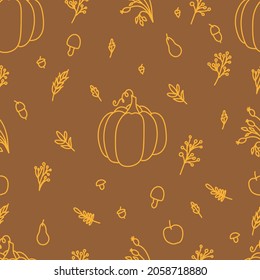 Cozy home autumn still life with pumpkin, leaves and branches of berries in the style of lines and colored spots. Decorative elements for the design of postcards, invitations and more. Vector