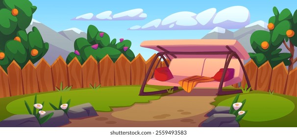 Cozy home backyard garden scene with pink swing bench, wooden fence and fruit trees. Mountain view landscape with blooming flowers, green lawn, stone decorations and comfortable outdoor furniture.