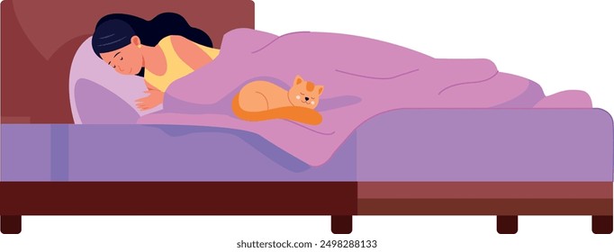 Cozy home bed with sleeping woman and cute cat isolated on white background