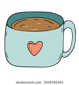 cozy home blue mug with a heart with a drink, coffee or cocoa, vector colored doodle element, cute design element