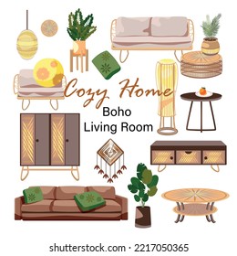 Cozy Home. Boho Living Room Interior. 20 Items. A lamp, a luminaire, a stand, potted plants, pillows, a ratan sofa, a ratan chair, a ratan coffee table, a wardrobe, a macrame, a dresser, a sofa